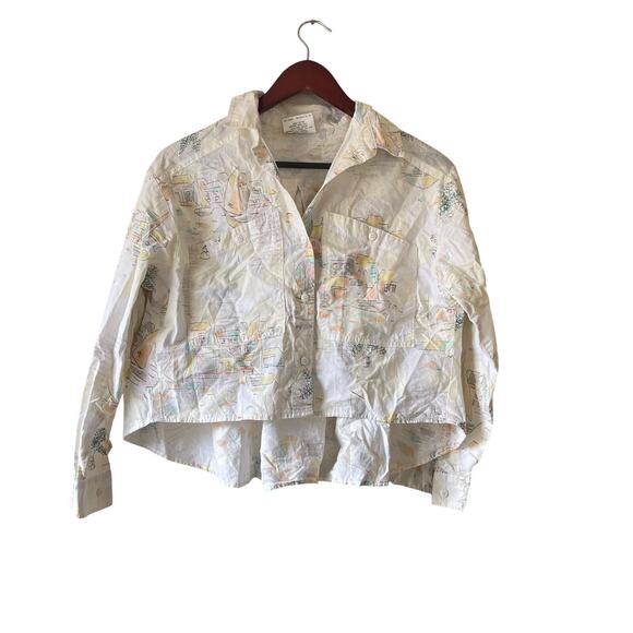 Cherokee Tops - Vintage 70s sea landscape‎ print cropped button up with flowy back size small